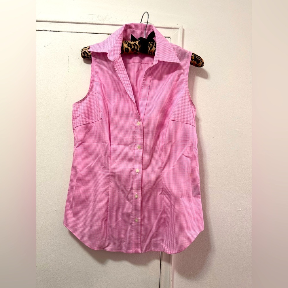 Ralph Lauren Sleeveless Blouse Gingham Pink Button Collared Top Small